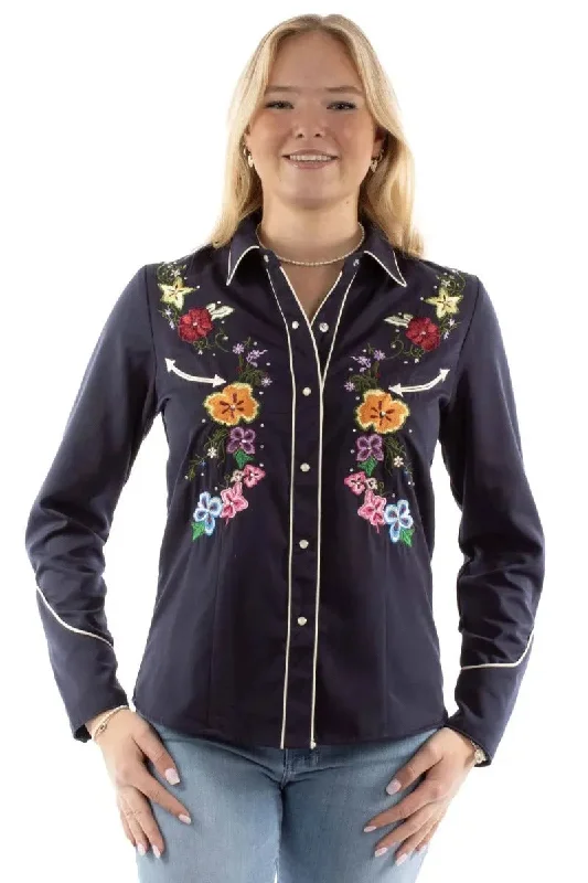 Scully Bright Floral Embroidery - Womens Western Shirt Comfortable Knit Short Shirt