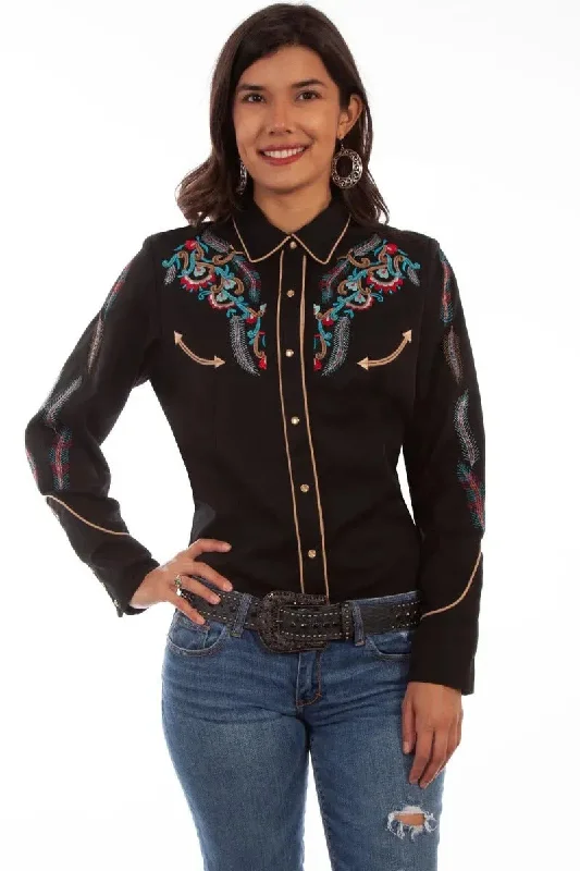 Scully Floral and Feather Embroidery - Women's Western Shirt Cozy Knit Short Sleeve Top Scully Floral and Feather Embroidery - Women's Western Shirt Cozy Knit Short Sleeve Top