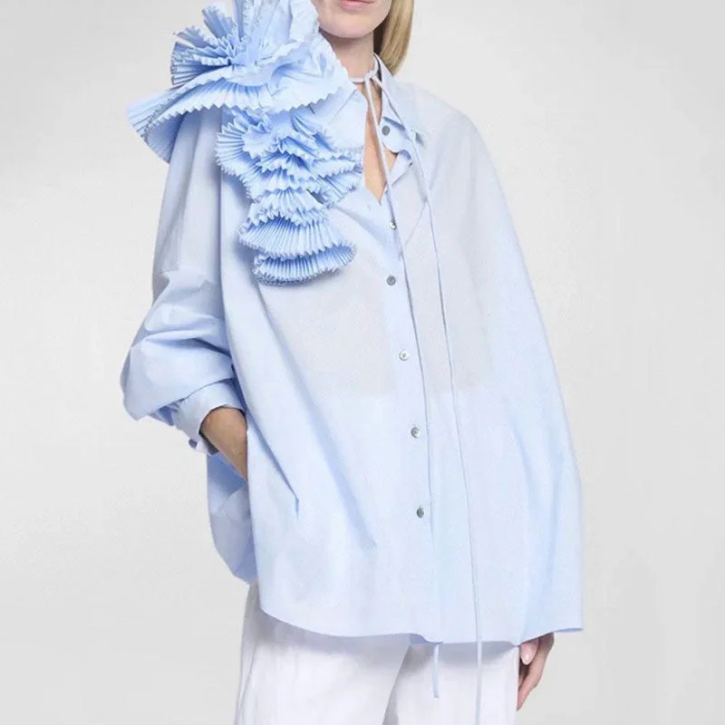 Sculptural Pleated Petal Pointed Collar Long Sleeve Button Down Oversized Shirt Casual Plain Short Shirt