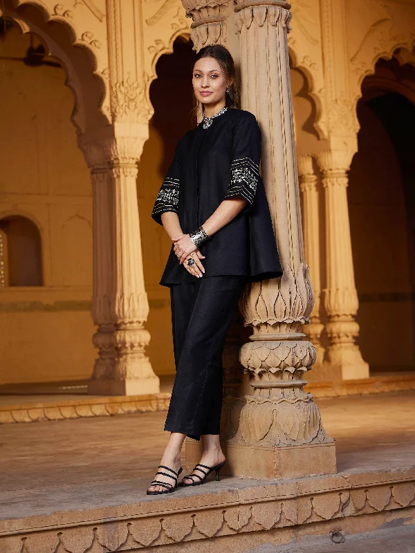 Lyush Women Black Embroidered Sleeve Shirt Kurti With Palazzos Casual Loose Short Sleeve Lyush Women Black Embroidered Sleeve Shirt Kurti With Palazzos Casual Loose Short Sleeve