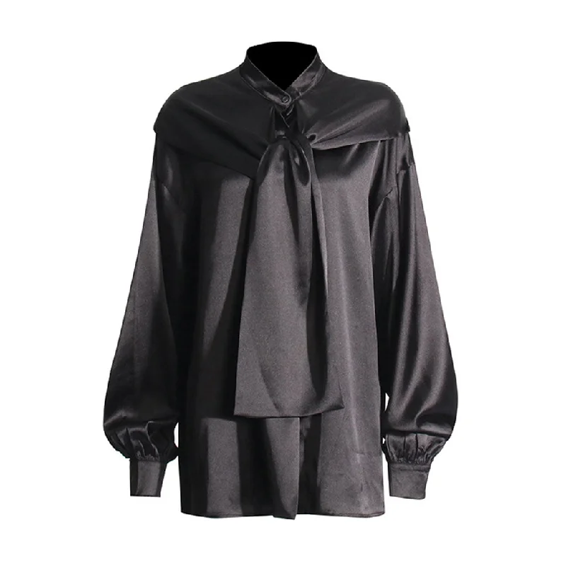 Silky Stand Collar Tie Neck Hooded Lantern Sleeve Oversized Satin Shirt Trendy Floral Print Tee