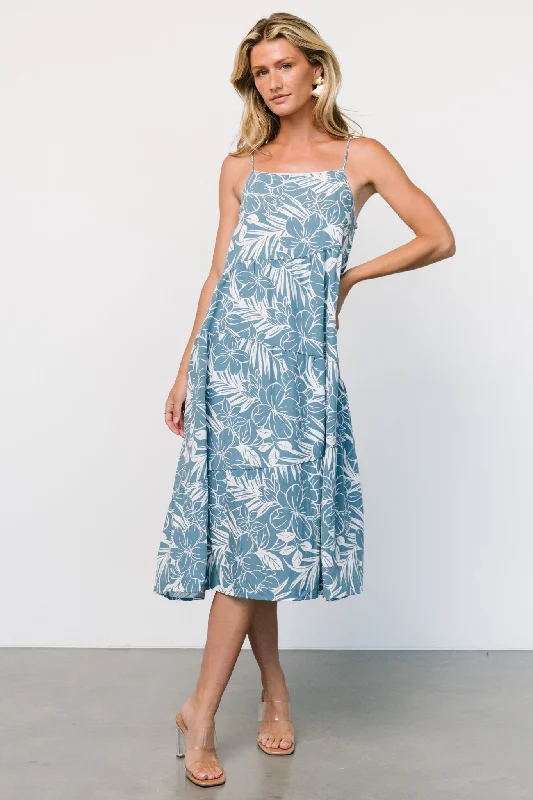 Sonora Midi Dress | Dusty Blue Print Stylish Pleated Skirt Midi Dress