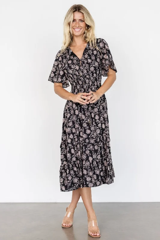 Spell Boho Midi Dress | Black + Taupe Floral Comfortable Sleeveless Midi Dress