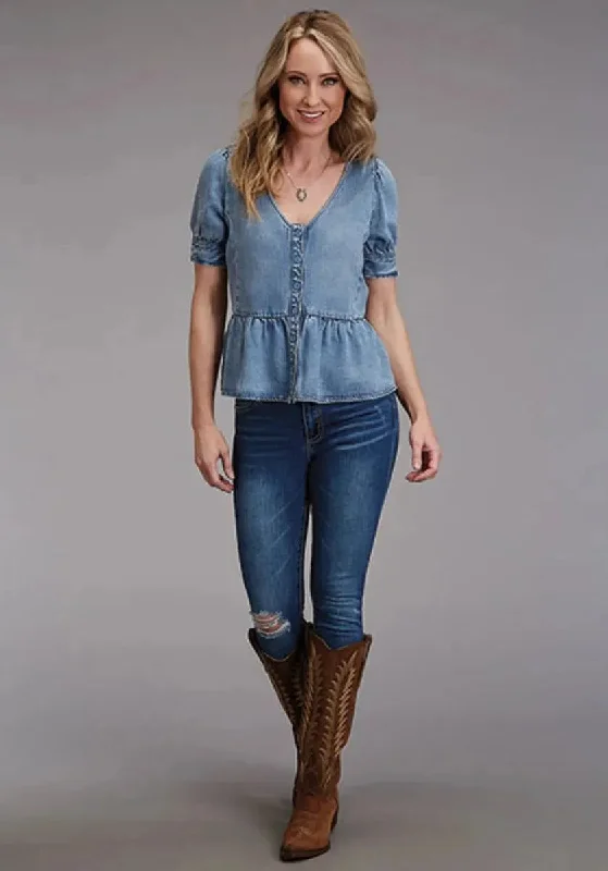 Stetson Lyocel Peasant Blouse (Blue) - Women's Short Sleeve Shirt Casual Button-Up Short Tee Stetson Lyocel Peasant Blouse (Blue) - Women's Short Sleeve Shirt Casual Button-Up Short Tee