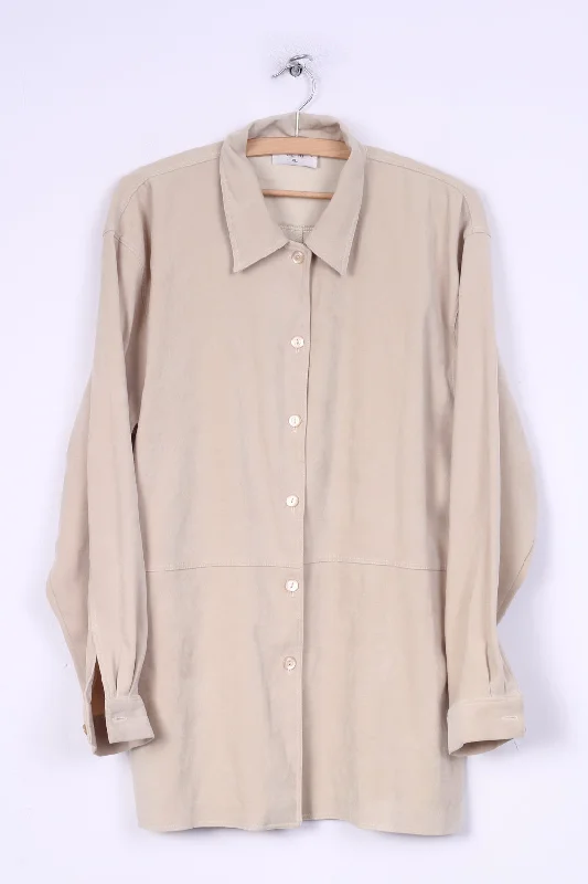 Strand Womens XL Casual Shirt Blouse Long Sleeve Retro Beige Casual Loose Short Sleeve