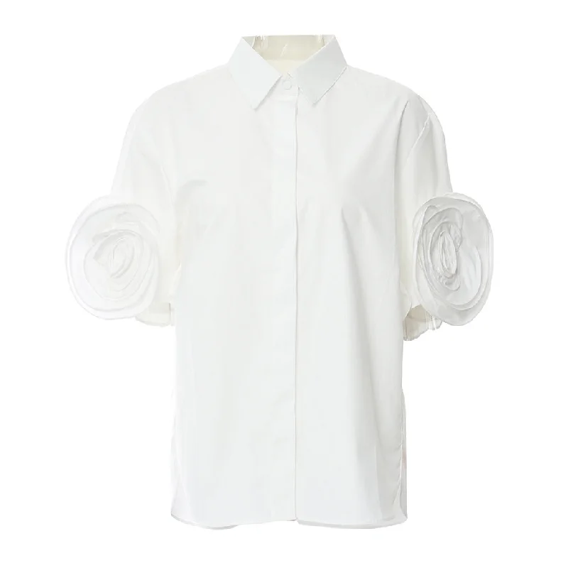 Swirling Rosette Applique Short Sleeve Oversized Collared Button Up Shirt Fashionable Tied Short Sleeve