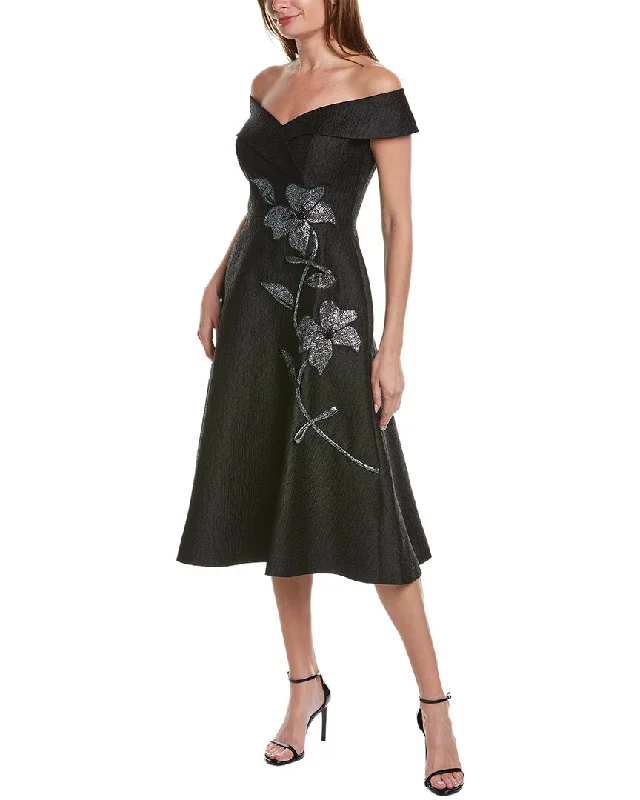 Teri Jon by Rickie Freeman Textured Midi Dress Trendy Off-Shoulder Button Midi Dress