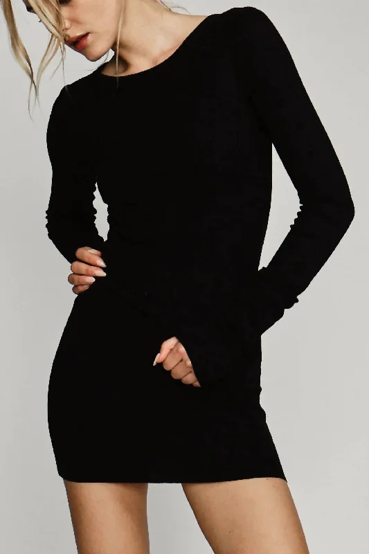 Textured Knit Long Sleeve Mini Dress In Black Cozy A-Line Mini Dress