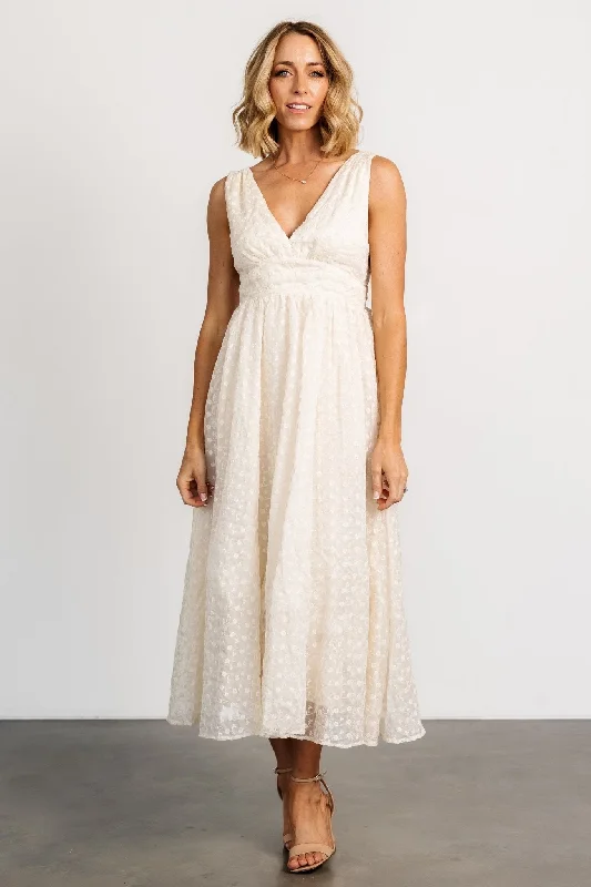 Thalia Embroidered Tank Midi Dress | Vintage Cream Trendy Fit-and-Flare Midi Dress