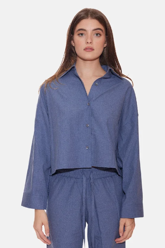 Chateau Twill Crop Shirt Blue Stylish Crew Neck Shirt