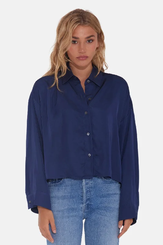 Laura Crop Satin Shirt Navy Relaxed Button-Down Short Shirt