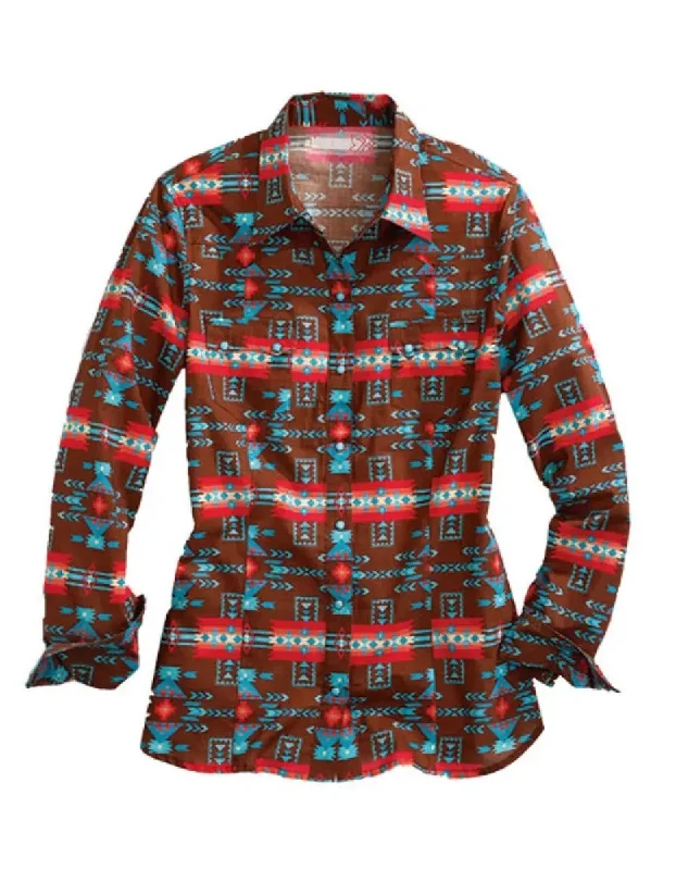 Tin Haul Aztec Elegance (Brown) - Women's Western Shirt Elegant Longline Short Shirt Tin Haul Aztec Elegance (Brown) - Women's Western Shirt Elegant Longline Short Shirt