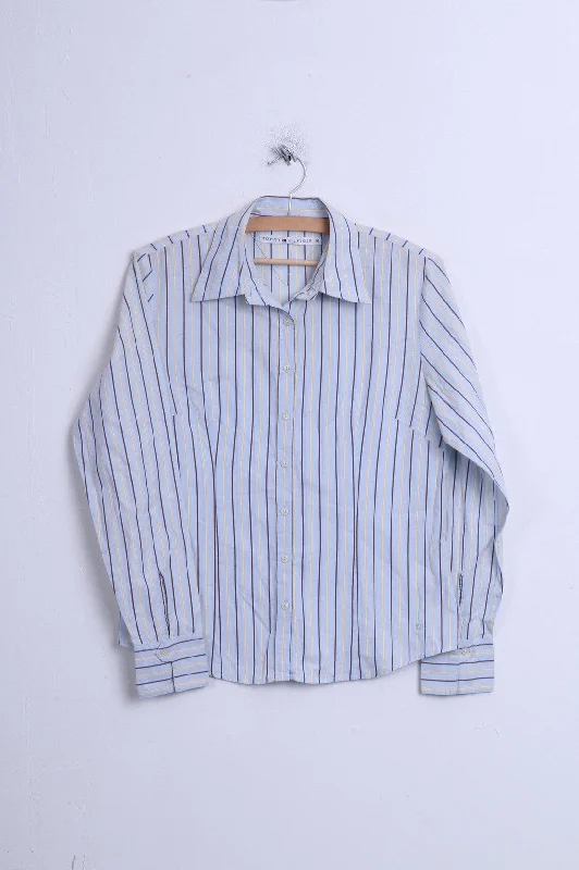 Tommy Hilfiger Womens 10 M Casual Shirt Striped Blue 2 Button Collar Bend Casual Boxy Short Shirt