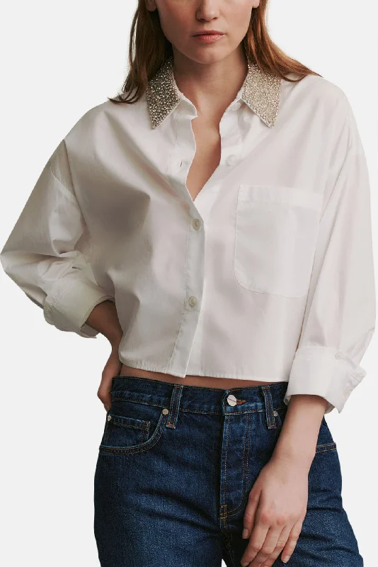 Soon To Be Ex With Crystal Collar In Militi Shirtling White Casual Ruffle Short Shirt Soon To Be Ex With Crystal Collar In Militi Shirtling White Casual Ruffle Short Shirt
