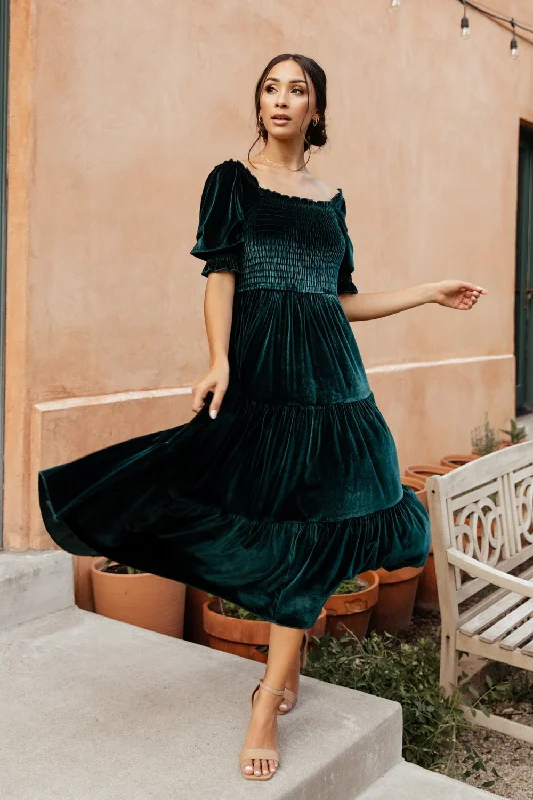 Vivaldi Smocked Velvet Midi Dress | Dark Green Stylish Cold Shoulder Midi Dress