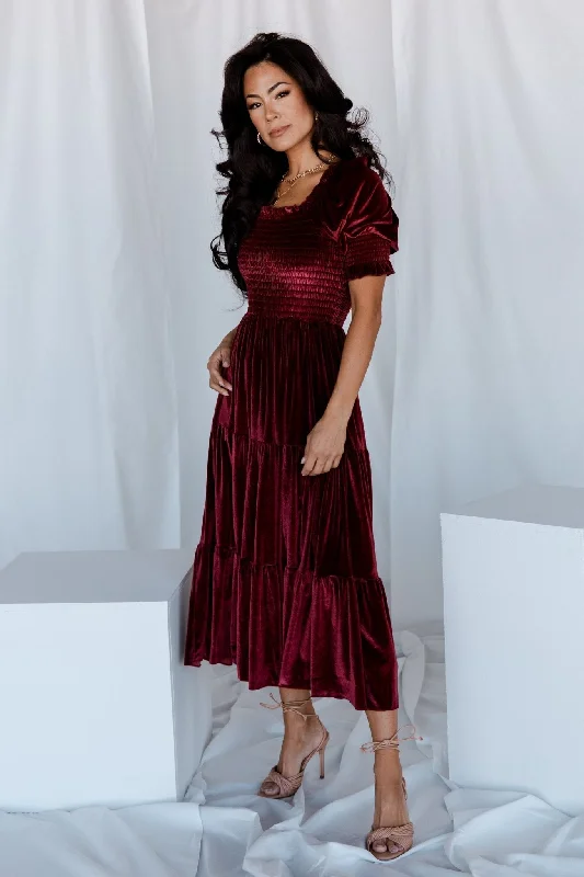 Vivaldi Smocked Velvet Midi Dress | Marsala Comfortable Denim Midi Dress