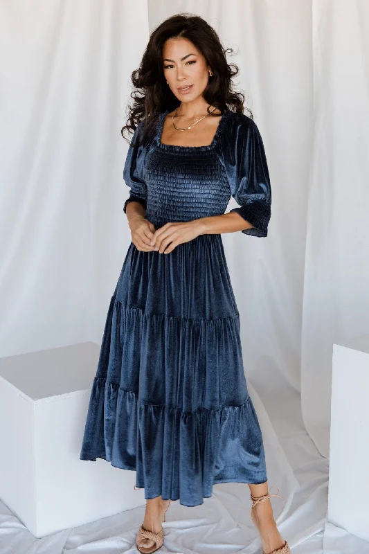 Vivaldi Smocked Velvet Midi Dress | Blue Comfortable Button Front Midi Dress