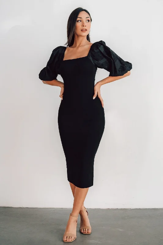 Weyland Bodycon Midi Dress | Black Fashionable Sheer Sleeve Midi Dress