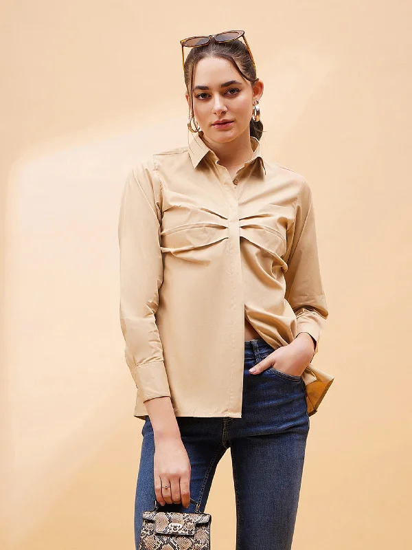 Women Beige Pleated Detail Shirt Classic V-Neck Short Shirt