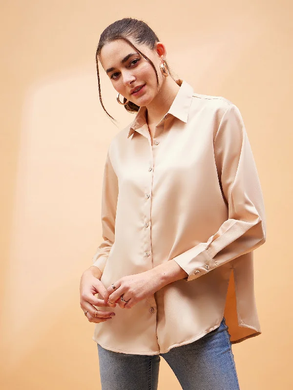 Women Beige Solid Satin Regular Shirt Stylish Pleated Short Sleeve