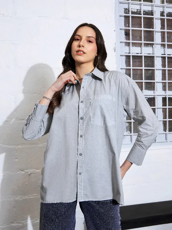 Women Grey Poplin Shirt Comfortable Summer Short Shirt