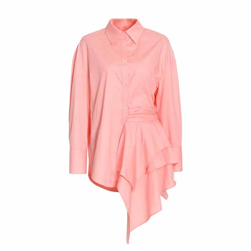 Women Lapel Long-sleeve Loose Shirt Detachable Asymmetric Blouse Top Comfortable Loose Short Sleeve