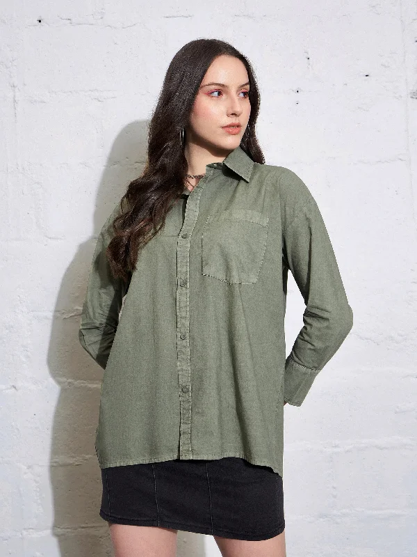 Women Olive Poplin Shirt Soft Silk Short Sleeve