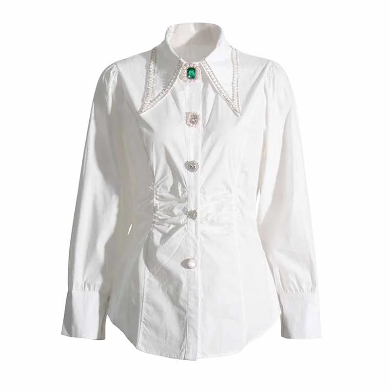 Women Beading Buttons White Blouse Pleated Bubble Sleeve Shirt White Shirt Fashionable Cuffed Short Sleeve