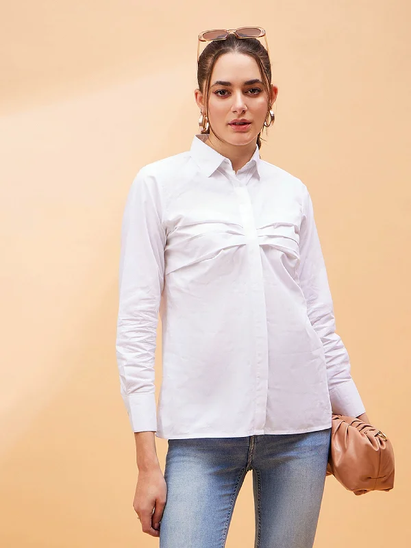 Women White Pleated Detail Shirt Elegant Draped Short Sleeve