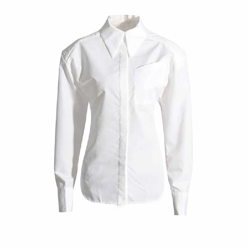 Women White Shirt Blouse Backless Long Sleeves Top Relaxed Button-Down Short Shirt