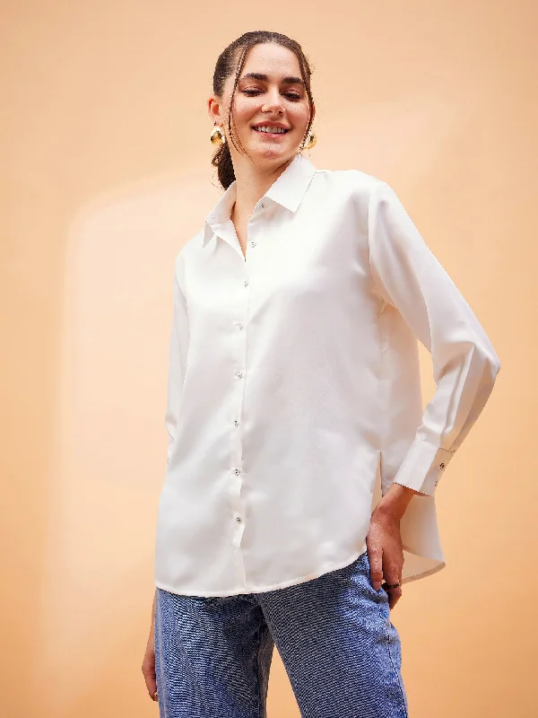 Women White Solid Satin Regular Shirt Casual Button-Down Short Shirt