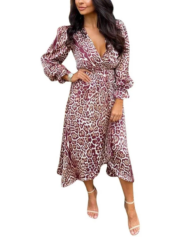 Womens Animal Print Faux Wrap Midi Dress Trendy Off-Shoulder Button Midi Dress