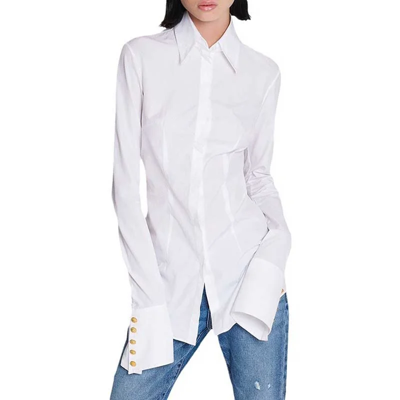 Women's Long Sleeves Fitted White Shirt Trendy Button-Front Short Sleeve