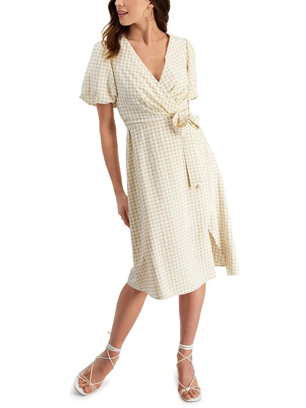 Womens Gingham Faux Wrap Midi Dress Fashionable Chiffon Midi Dress