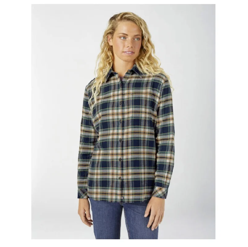 Women's Long Sleeve Plaid Flannel Work Shirt FL075 - Ink Navy Comfortable Short Sleeve Blouse