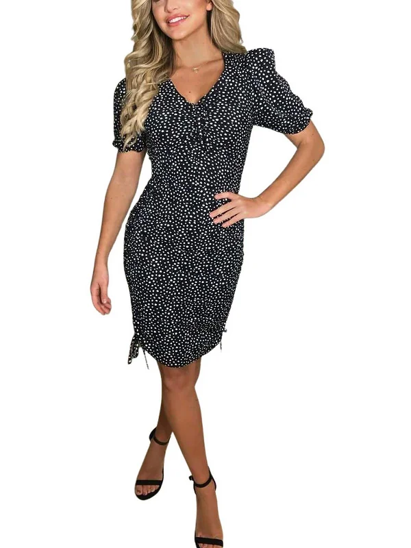 Womens Polka Dot Calf Midi Dress Elegant V-Neck Midi Dress