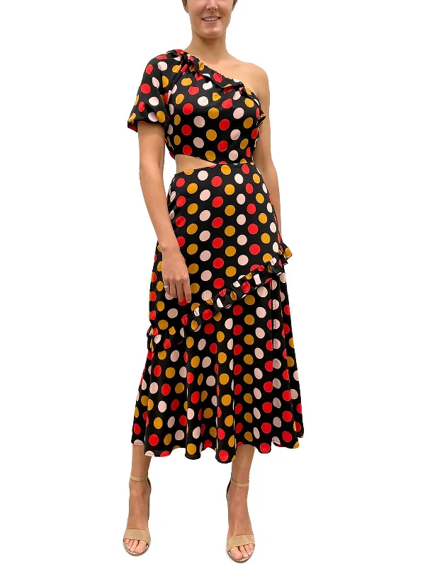 Womens Polka Dot One Shoulder Midi Dress Elegant Maxi-Midi Hybrid Dress