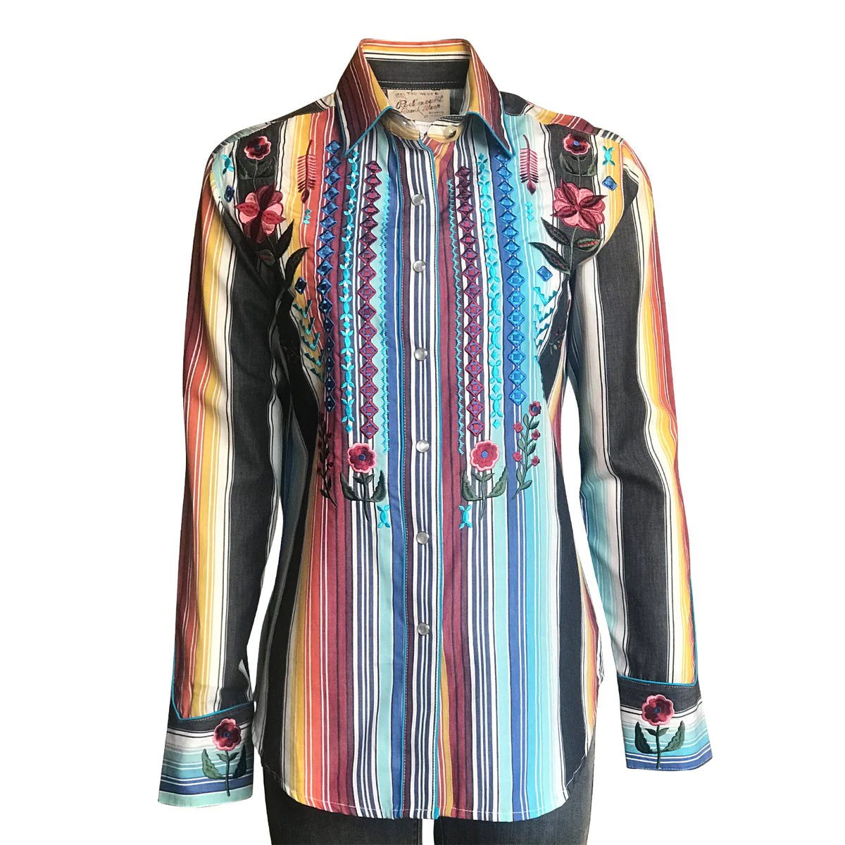 Women's Rockmount Boho Serape Stripe Western Shirt with Cascading Embroidery Fashionable Sheer Short Shirt Women's Rockmount Boho Serape Stripe Western Shirt with Cascading Embroidery Fashionable Sheer Short Shirt