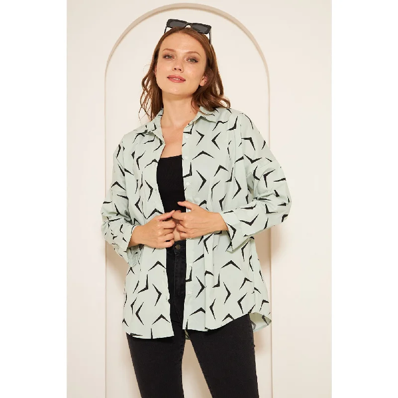 Light Green Patterned Oversized Shirt Cozy Cotton Short Tee