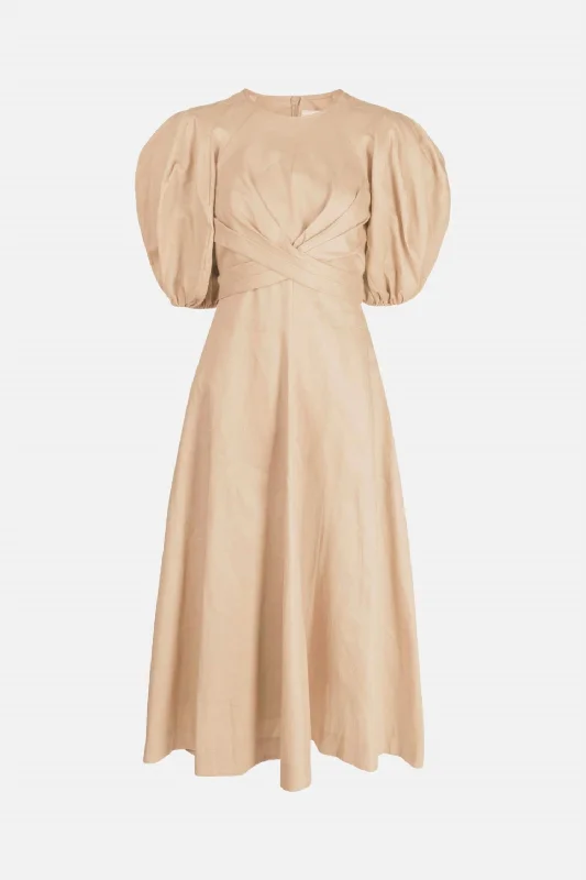 Wrap Midi Dress In Tan Comfortable Fit-and-Flare Midi Dress