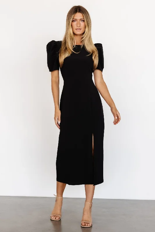 Younge Puff Sleeve Midi Dress | Black Fashionable Wide Leg Midi Dress