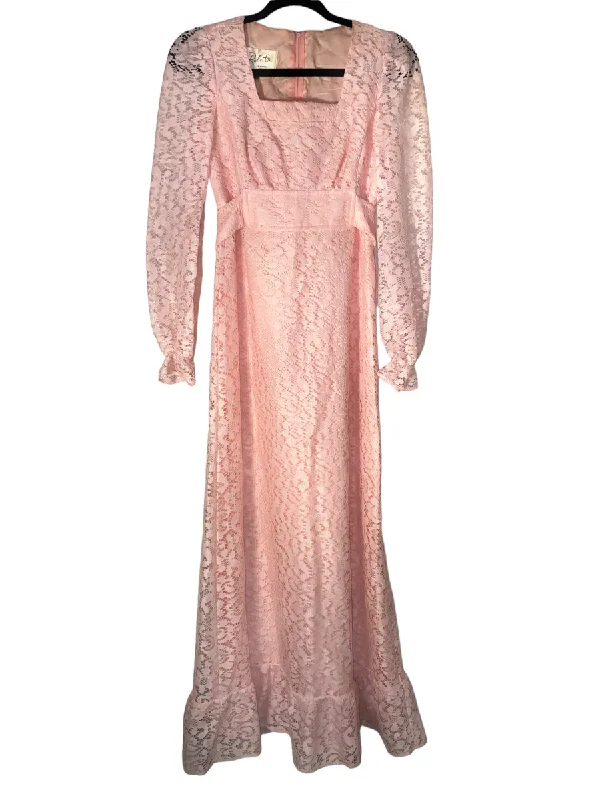 1960s Pink Lace Maxi Dress by Roberta California Stylish Maxi Dress with Frills