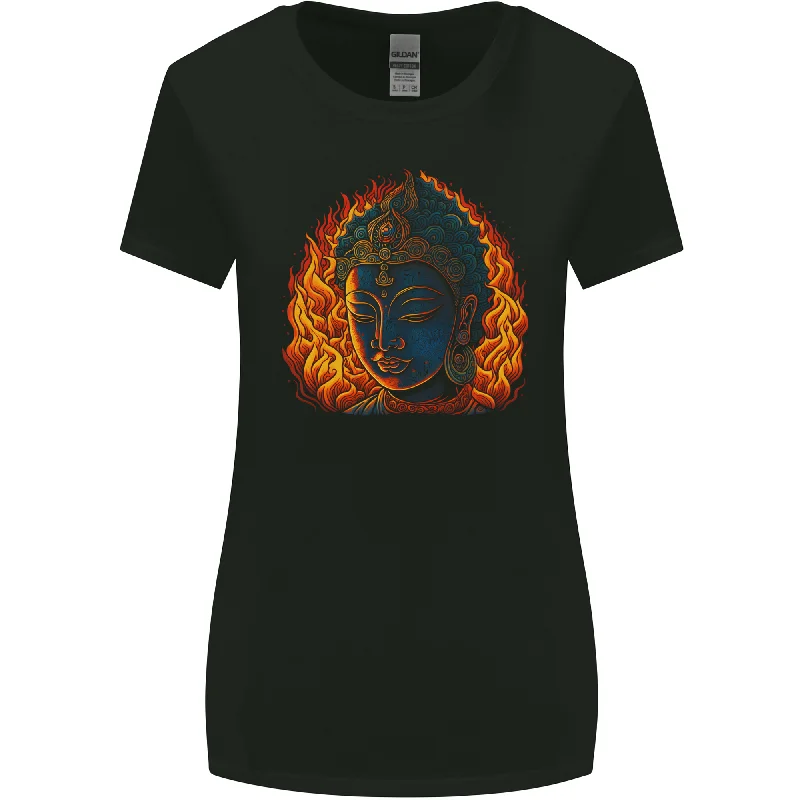 A Buddha Statue With Flames Womens Wider Cut T-Shirt Chenille Fabric Brocade Fabric Lace Fabric A Buddha Statue With Flames Womens Wider Cut T-Shirt Chenille Fabric Brocade Fabric Lace Fabric