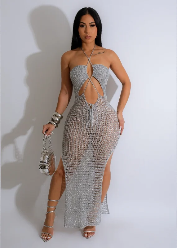 Absolutely Crochet Metallic Maxi Dress Silver Fashionable Printed Maxi Dress