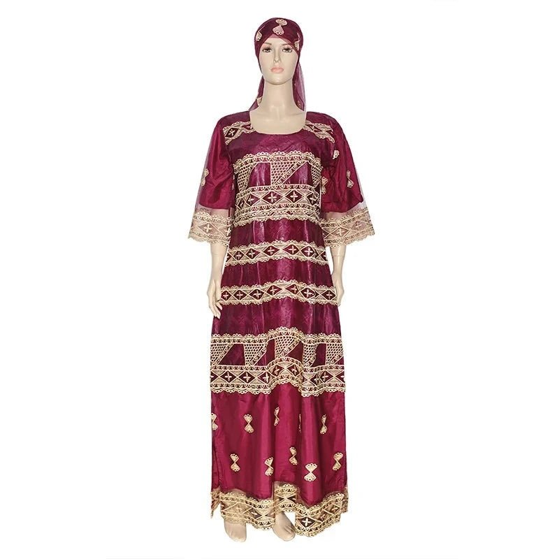 African Dashiki Maxi Dress: Bazin Embroidery, Beading, and Lace Robe for Wedding Party Elegance Cozy Open-Back Maxi Dress