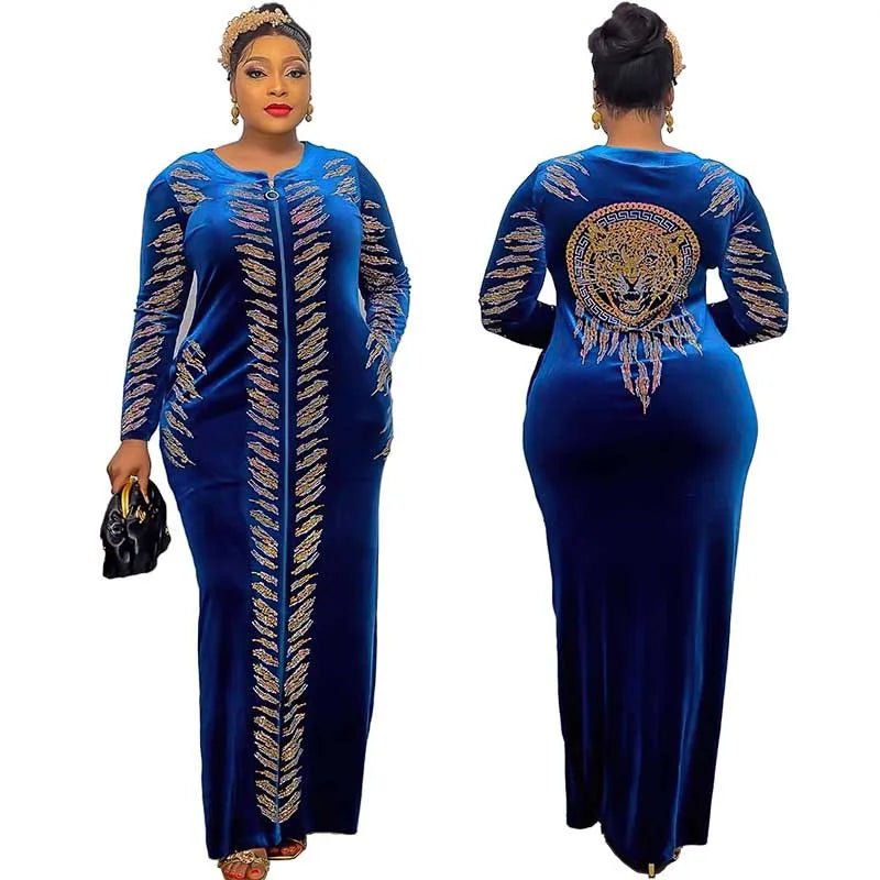 African Velvet Maxi Dress: Letter Robe Style with Sequins, O-Neck and Short Sleeves Comfortable Long-Sleeve Maxi Dress