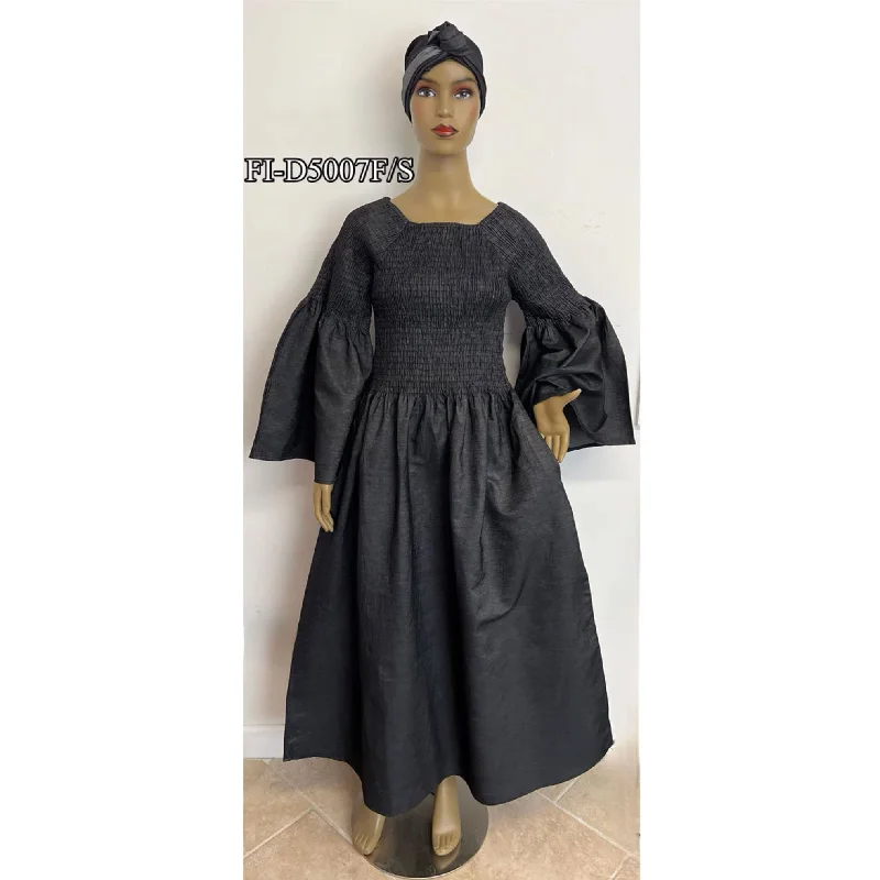 African Women's Denim Smocking Maxi Dress -- FI-D5007FS Trendy Floral Print Maxi Dress