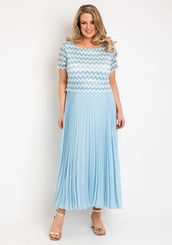 Allison Zig Zag Lace Overlay Pleated Maxi Dress, Sky Blue Stylish Off-Shoulder Maxi Dress