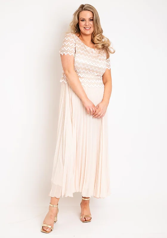 Allison Zig Zag Lace Overlay Pleated Maxi Dress, Vanilla Comfortable Fit-and-Flare Maxi Dress