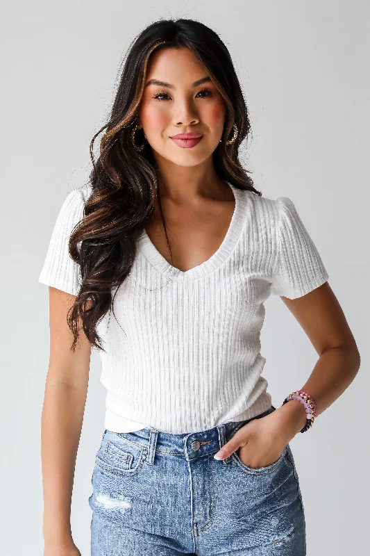 FINAL SALE - Annie White Ribbed Tee - DU DEAL Solid Print Embellished